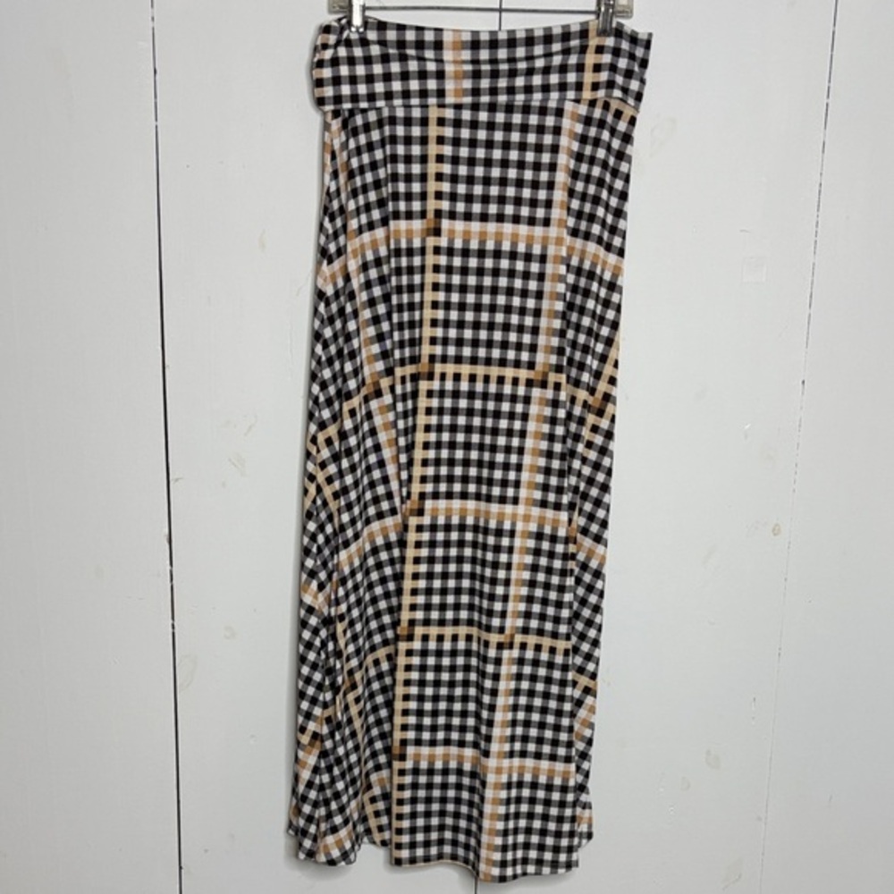 LulaRoe brown tan and white plaid knit maxi skirt size Large